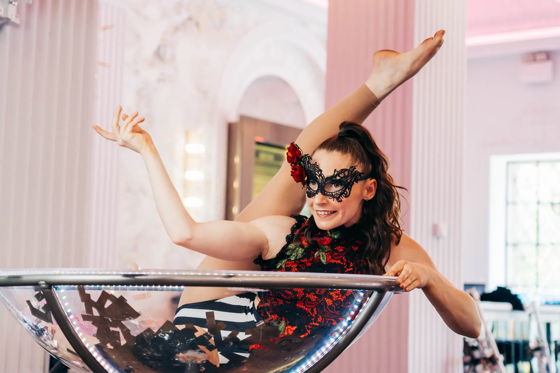 Masquerade black and red martini corporate: giant martini glass, venetian masquerade theme