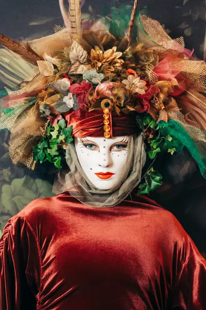 Floral venetian summer leaf red burgundy WITH MASK: living statues, enchanted garden theme